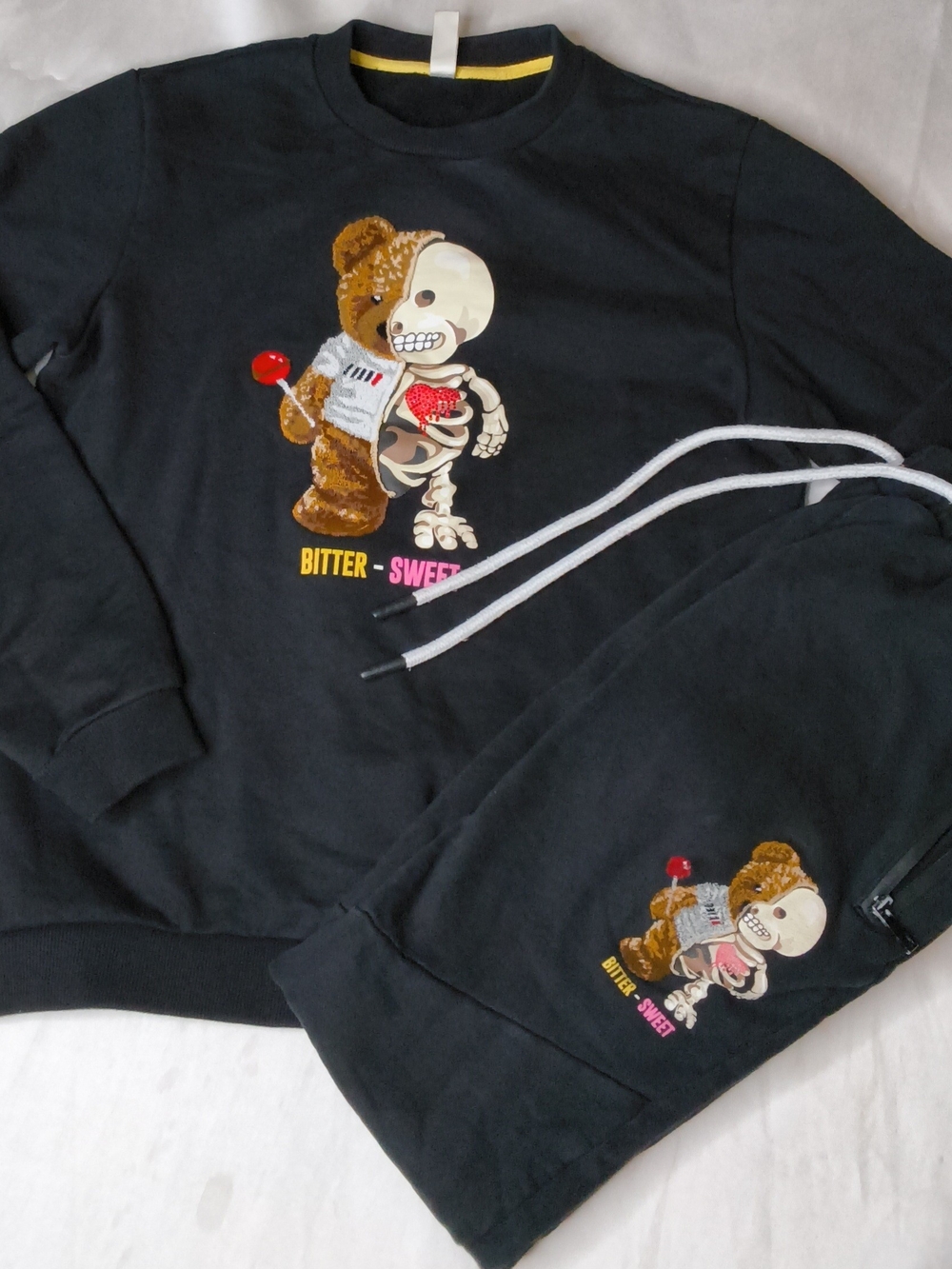Black Crewneck Sweater with Teddy Skeleton Graphic